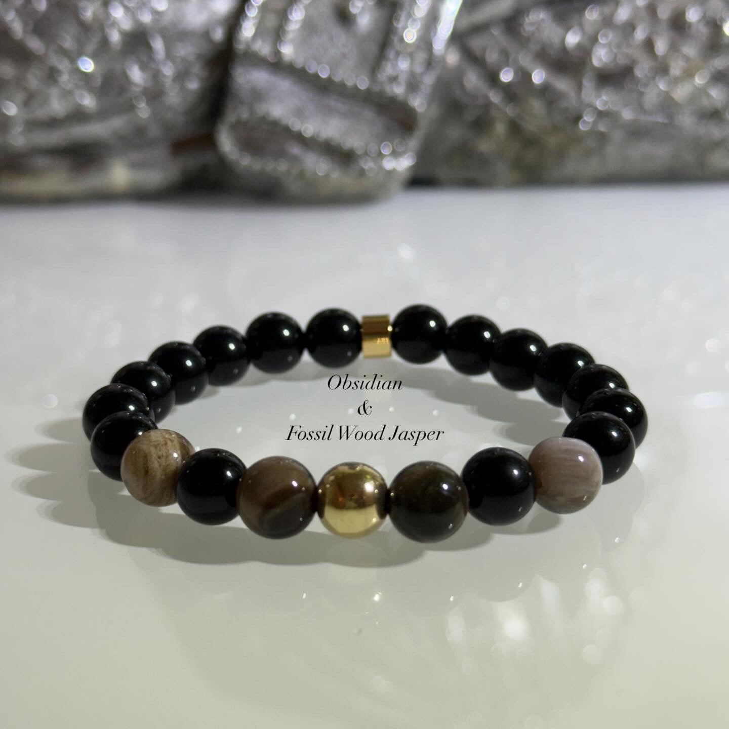 Obsidian & Fossil Wood Jasper Intention Bracelet – 8mm