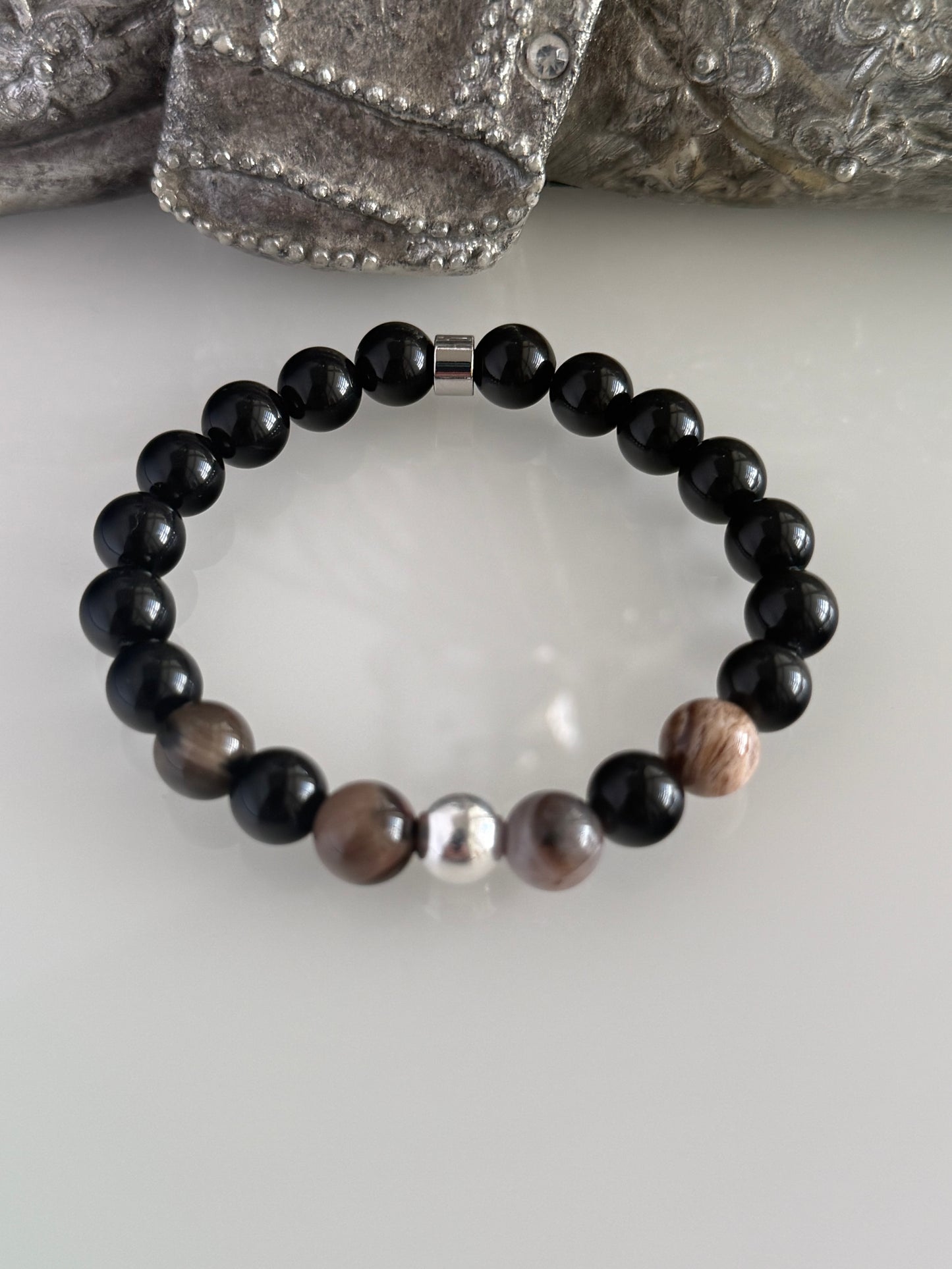 Obsidian & Fossil Wood Jasper Intention Bracelet – 8mm