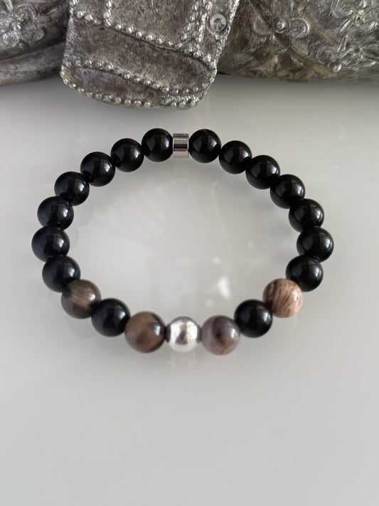 Obsidian & Fossil Wood Jasper Intention Bracelet – 8mm