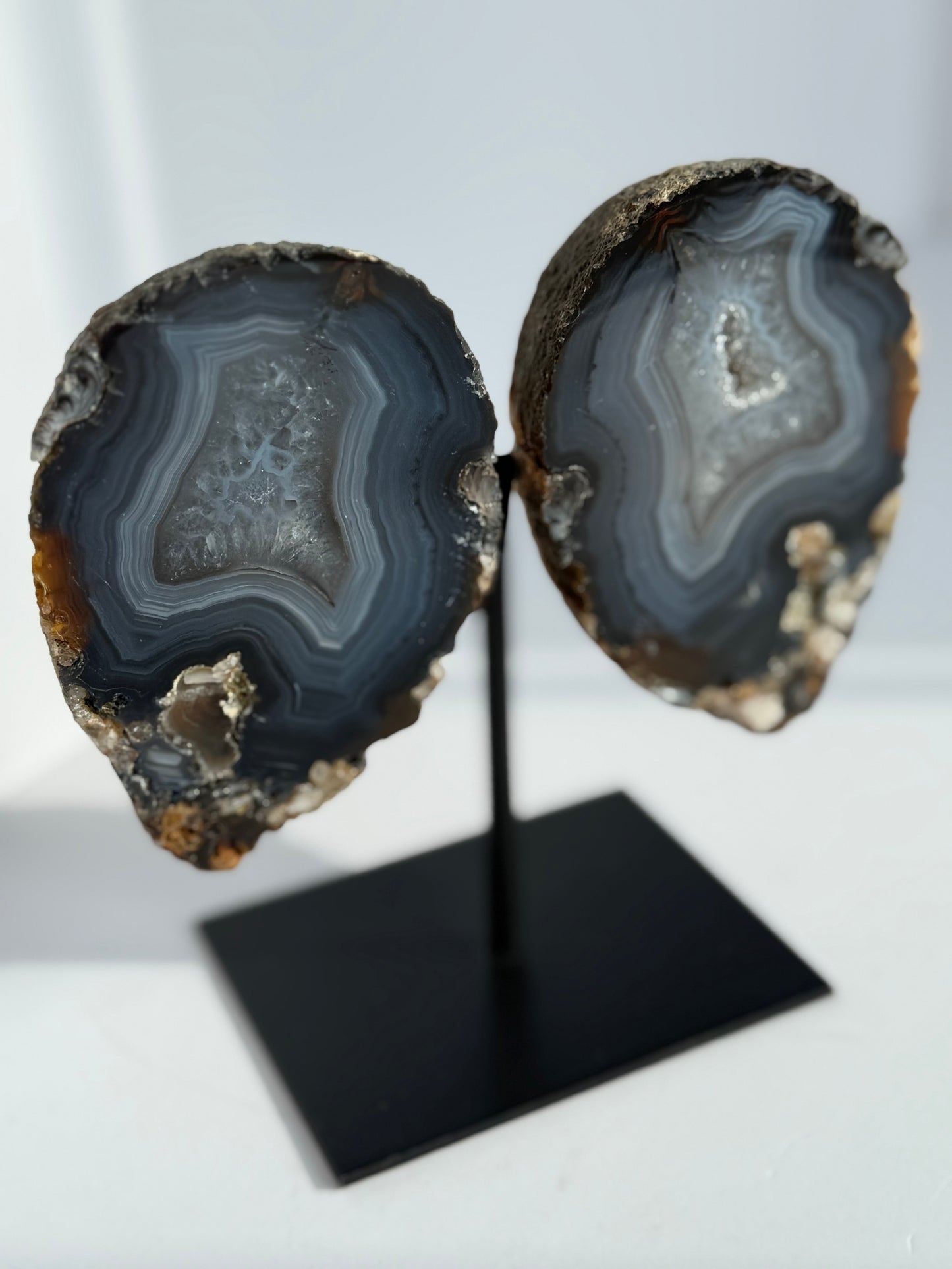 Agate Polished Geode Pair on Metal Stand (13.5cm Total Height)