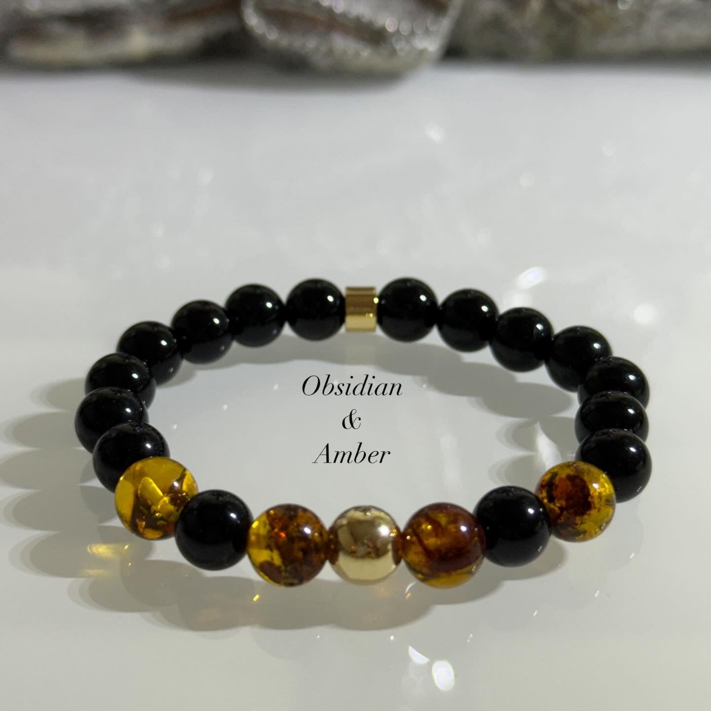 Obsidian and Amber Intention 8mm Gemstone Bracelet