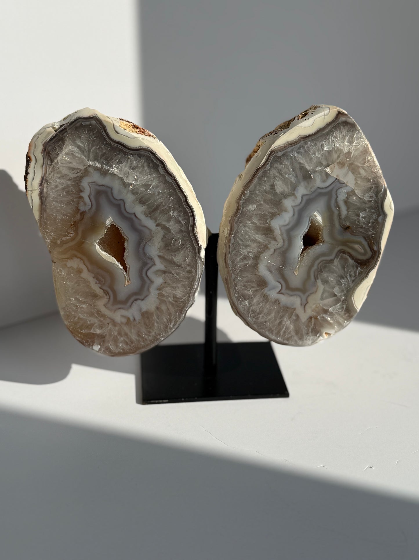Polished Agate Geode “Wings” on Metal Stand (14cm Height)