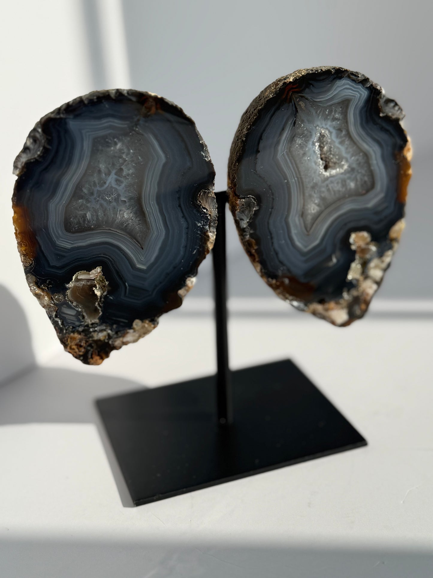 Agate Polished Geode Pair on Metal Stand (13.5cm Total Height)
