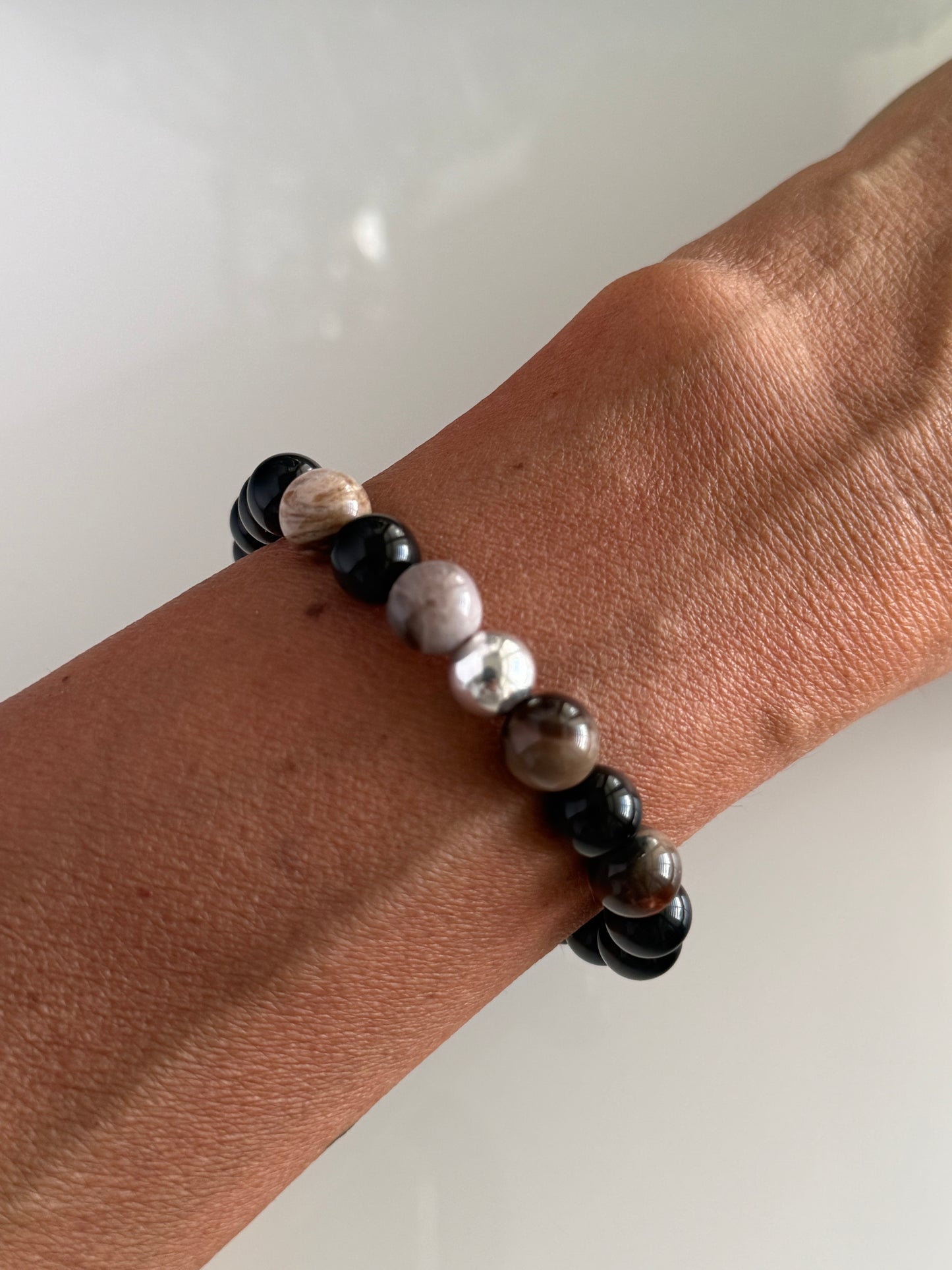 Obsidian & Fossil Wood Jasper Intention Bracelet – 8mm