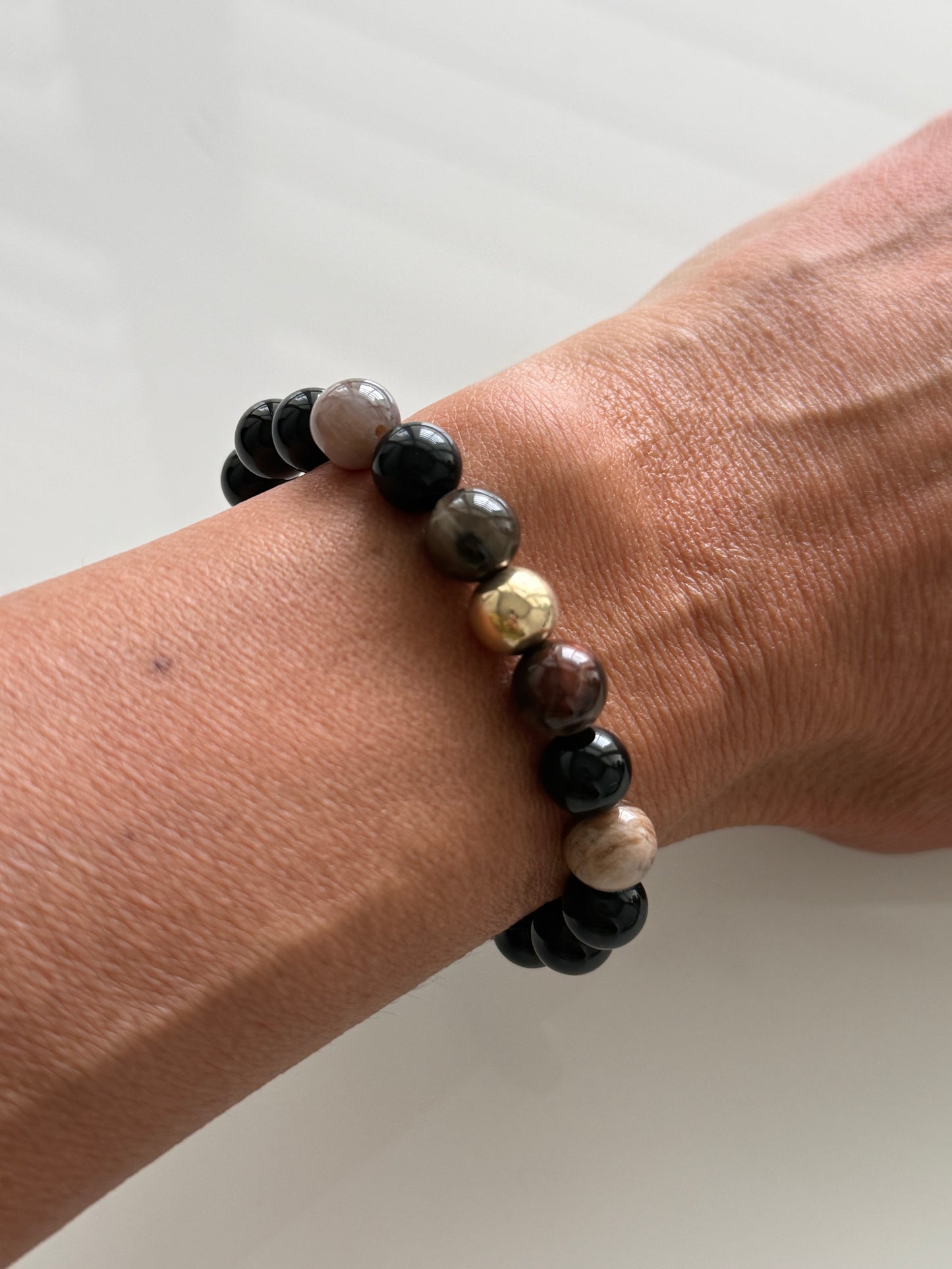 Obsidian & Fossil Wood Jasper Intention Bracelet – 8mm